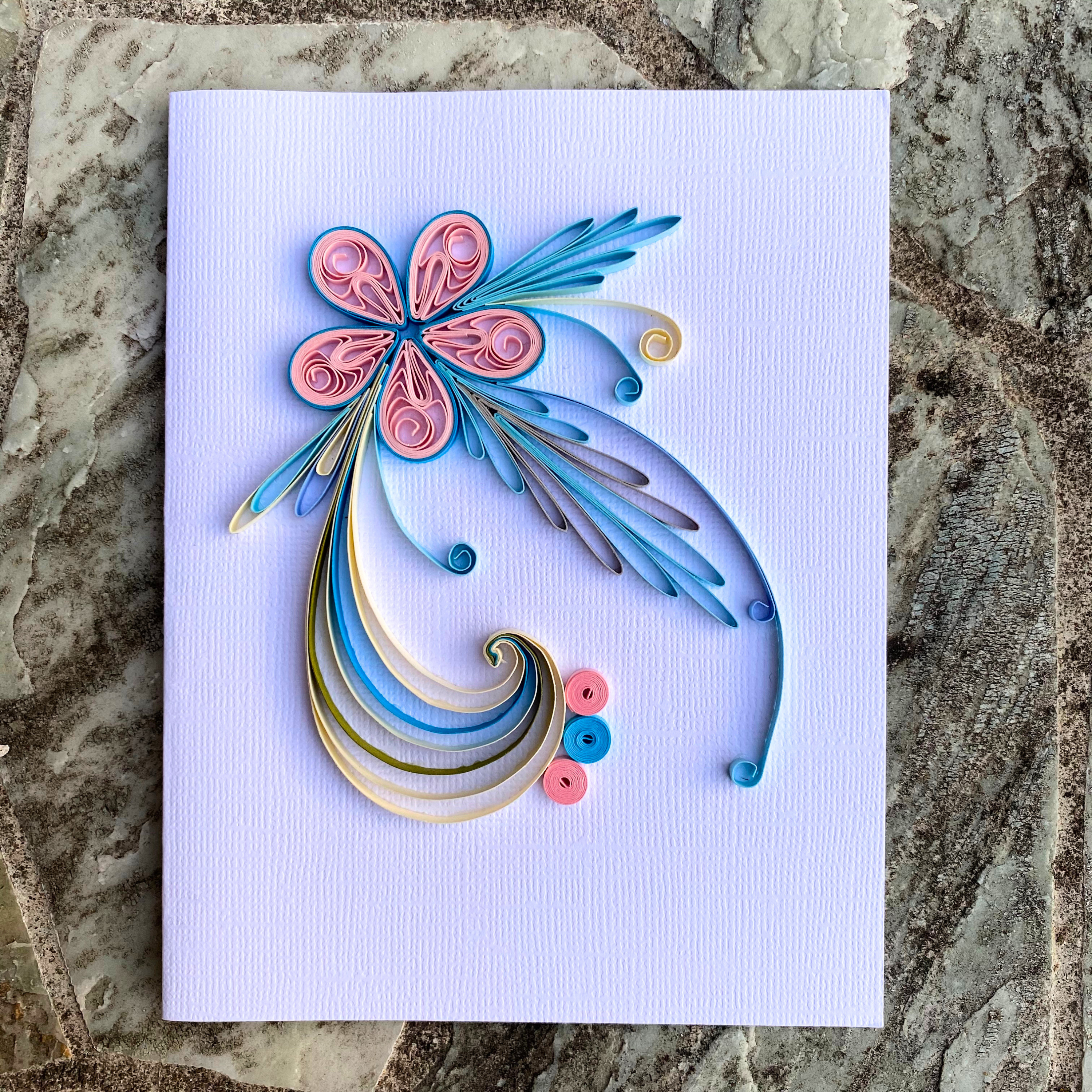 Blue peach flower quilling on card – unique quilling art to surprise your  loved one (c89)